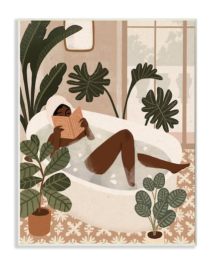 Stupell Industries Female Reading in Bath Tropical Palm Plants Wall Plaque